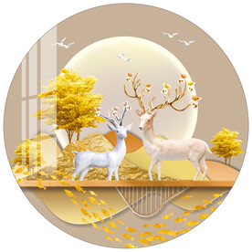 金色发财树麋鹿轻奢圆形装饰画