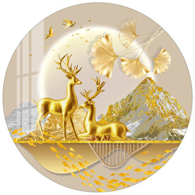 轻奢麋鹿金色银杏叶圆形装饰画