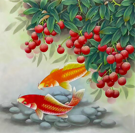 国画秋实锦鲤装饰画