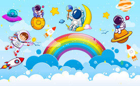 卡通星空宇航员儿童房背景墙