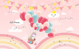 卡通独角兽热气球彩虹儿童房背景