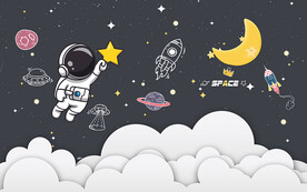 卡通简约太空人星空儿童房背景墙