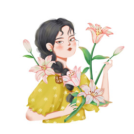 女孩与花朵小清新包装插画百合花