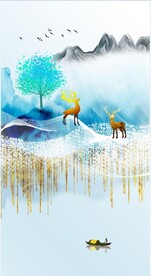 装饰画小船 新中式山水画 麋鹿