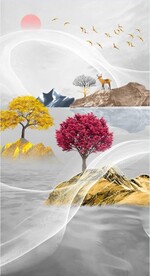 装饰画树 新中式山水画 麋鹿