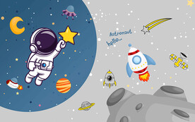 卡通宇航员太空火箭儿童房背景墙