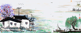 江南水乡水墨山水画