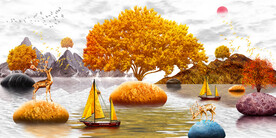 发财树转运石一帆风顺装饰画