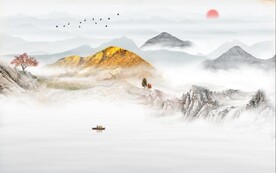 日出装饰画 新中式山水画 小船