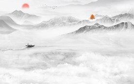 日出装饰画 新中式山水画 小船