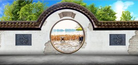3D中式月亮门建筑背景墙