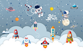 卡通火箭太空人儿童房背景墙