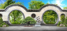 3D中式月亮门建筑背景墙