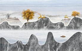 山水画 大理石背景墙 麋鹿