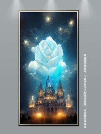 梦幻蓝色城堡白色玫瑰装饰画