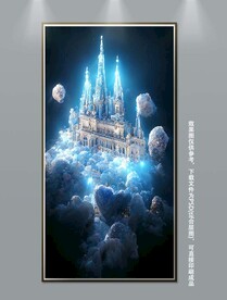 梦幻蓝色城堡白色玫瑰装饰画