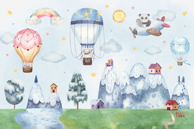 卡通热气球小动物水彩山峰背景墙