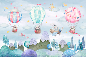 水彩卡通小动物热气球山峰背景墙