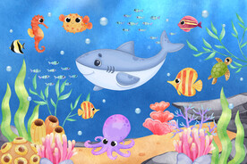 卡通海豚珊瑚水彩海底世界背景墙