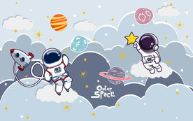 卡通宇航员太空人儿童房背景墙