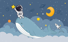 卡通鲸鱼太空人星星儿童房背景墙