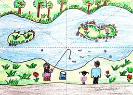 河边钓鱼蜡笔画