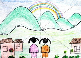 手绘人物背影看彩虹