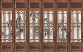 中式木窗格金色山水背景墙壁画