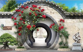 中式月亮门园林背景墙壁画