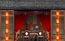 复古怀旧中式古建筑餐饮背景墙