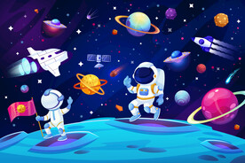 卡通外太空星球宇航员火箭背景墙