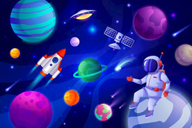 蓝色太空星球卡通宇航员火箭背景