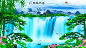 迎客松瀑布流水生财挂画