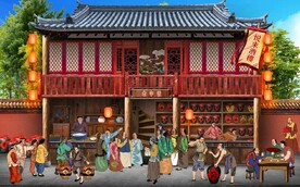 古代市井集市饭馆背景墙壁画