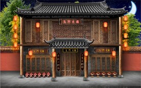 古代市井集市饭馆背景墙壁画