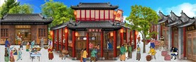 古代市井集市饭馆背景墙壁画