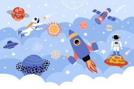 手绘火箭卡通宇航员太空星球背景