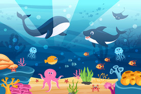 卡通海豚鲨鱼海底世界珊瑚背景墙