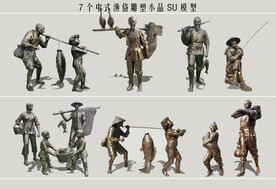 中式2D渔俗雕塑小品