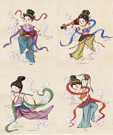 一组Q版敦煌飞天仙女插画