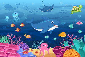 蓝色海底卡通鲨鱼珊瑚热带鱼背景