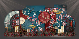 红蓝寿宴婚礼背景花鸟老人生日