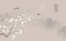新中式玉兰花鸟画背景墙