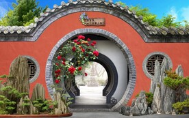 中式月亮门园林背景墙壁画