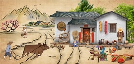 复古农家乐乡村场景背景墙壁画