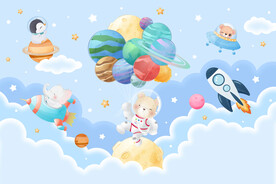 卡通太空星球手绘动物宇航员背景