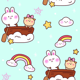 划船粉色兔子彩虹云