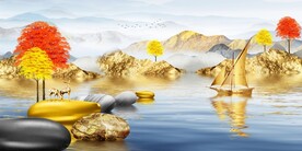 金山麋鹿发财树三联画