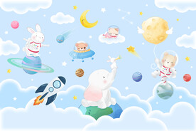 卡通太空星球手绘动物宇航员背景