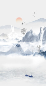 水墨山水画装饰画 日出